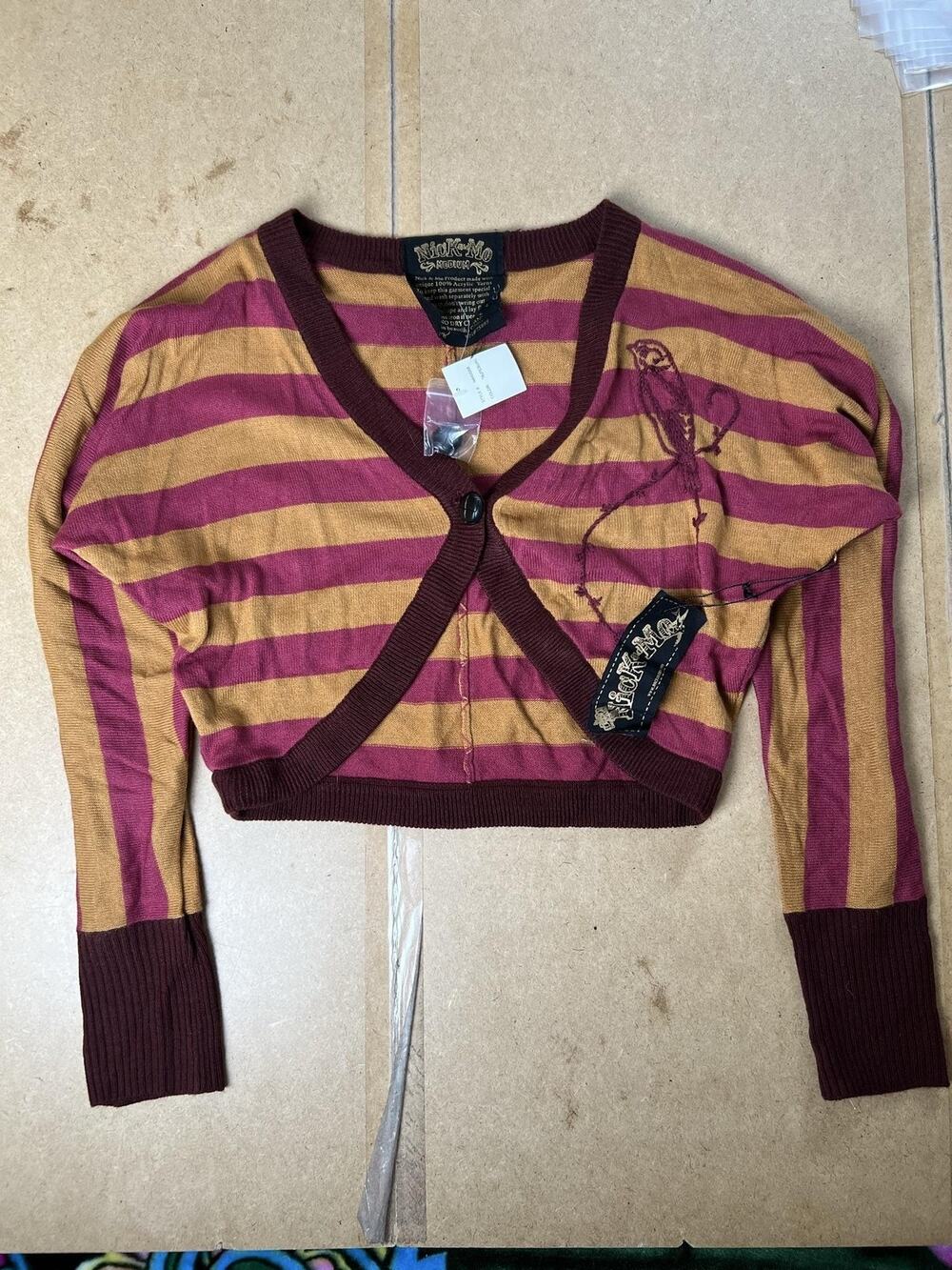 Nick & Mo Cardigan Womens M Multicolor Striped V-Neck Button Embroidered